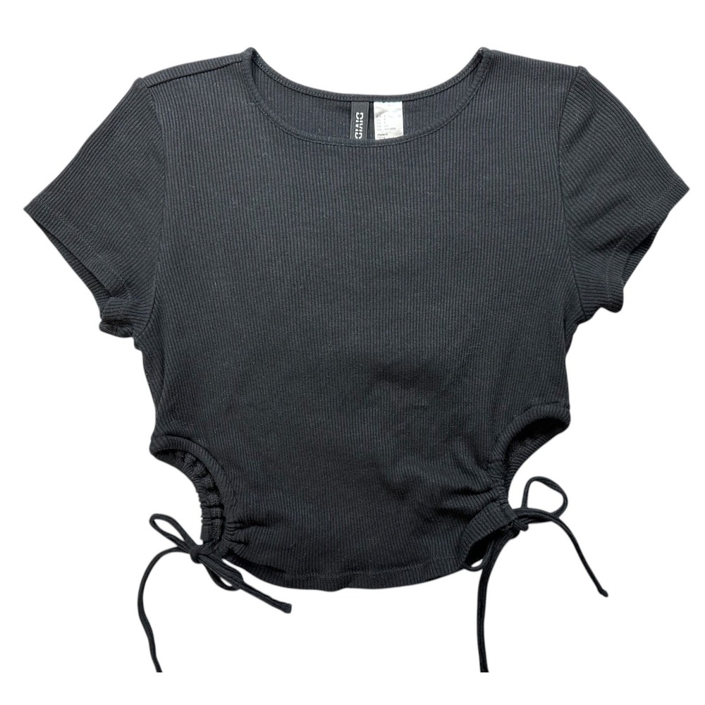 DIVIDED by‎ H&M Crop Top Black Ribbed Short Sleeve Cut Out Sides Women's Small